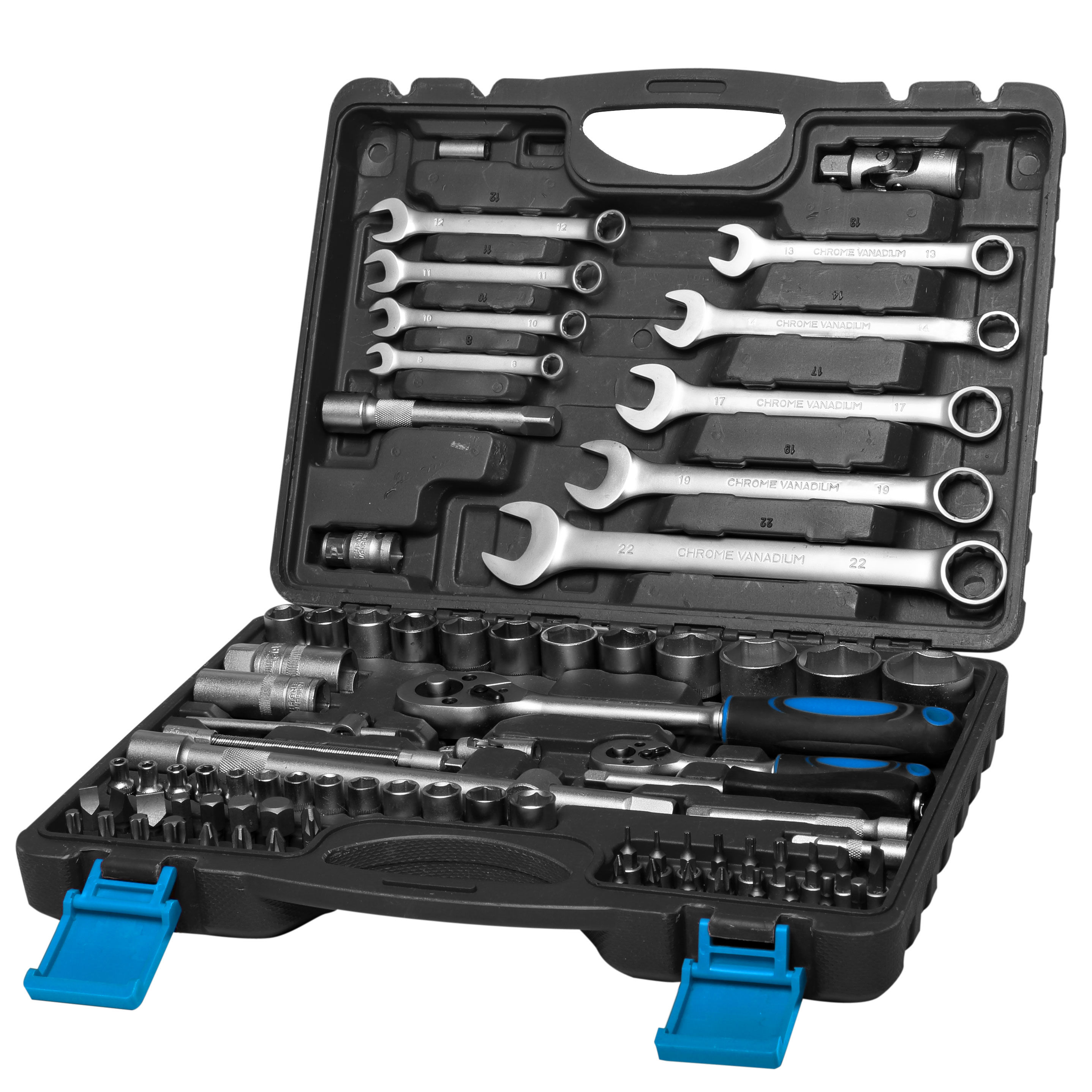 Zestaw narzędzi 82 elementów klucze nasadowe 1/2" i 1/4" klucze płaskie 4-32 mm MEGA 58082