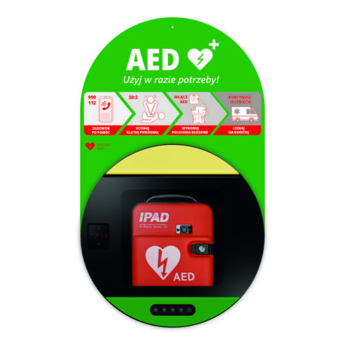 Kapsuła na defibrylator do zastosowań zewnętrznych i wewnętrznych z tablicą informacyjną i zasilaczem DefibSafe 3