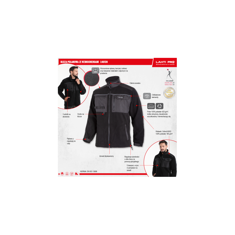 Bluza polarowa ze wzmocnieniami czarna 420 g/m2 REMIZA - obrazek 2