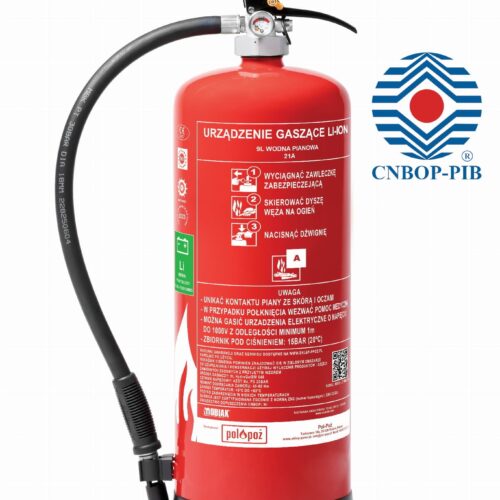 Gaśnica 9 l z CNBOP do gaszenia baterii litowych i akumulatorów Li-ion hydrogel z wieszakiem