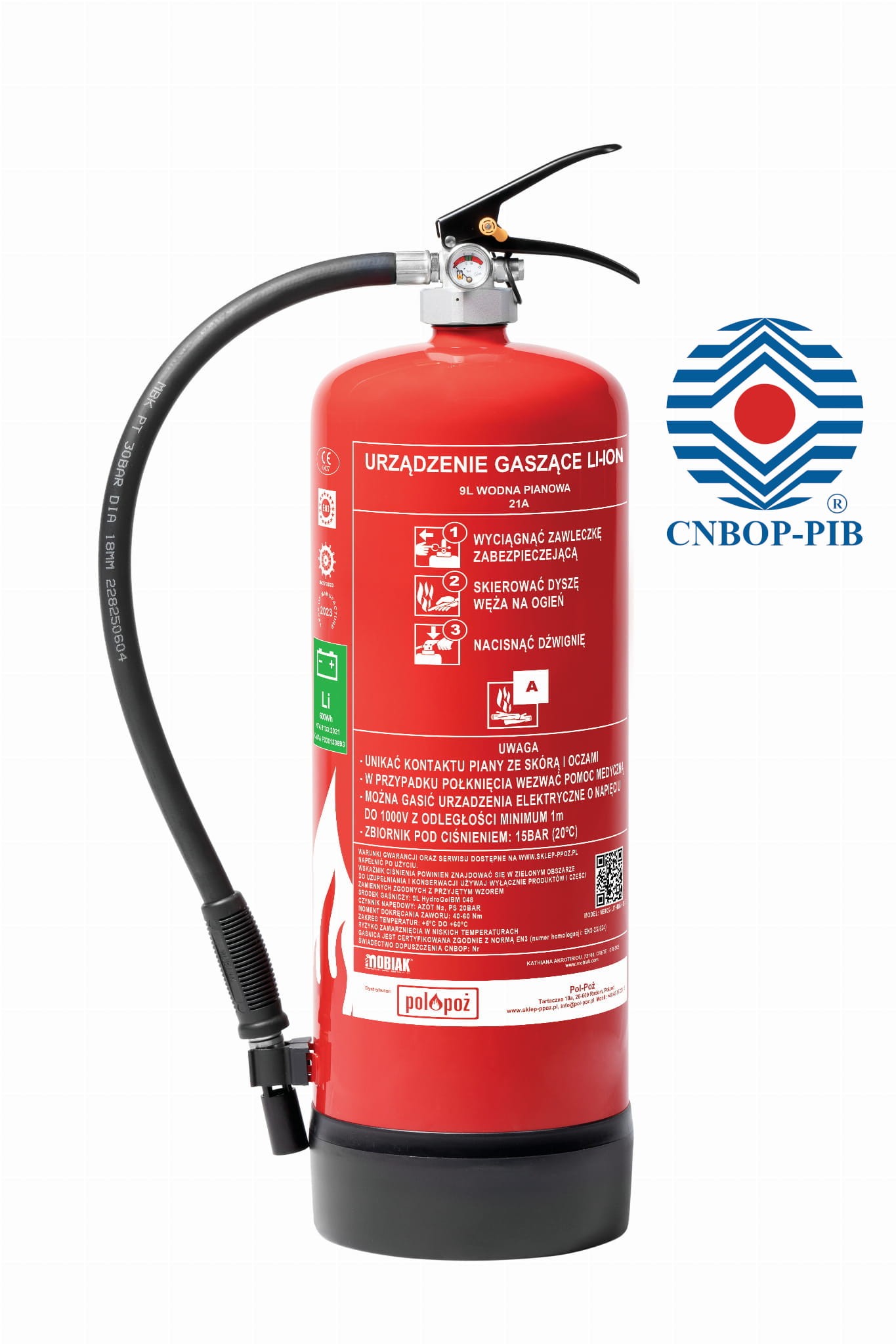 Gaśnica 9 l z CNBOP do gaszenia baterii litowych i akumulatorów Li-ion hydrogel z wieszakiem